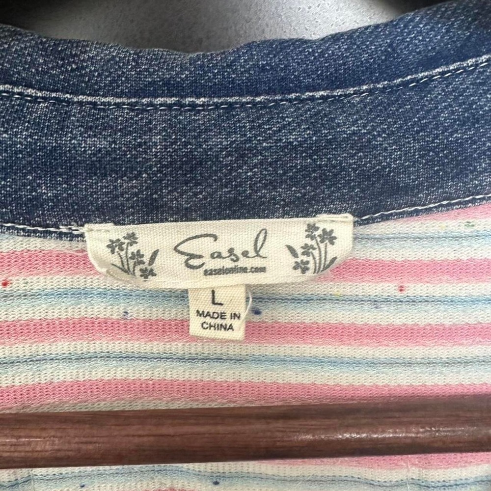 Easel Striped Confetti Slub Knit Denim Collar Oversized Polo Tee Shirt Large L - Picture 3 of 5